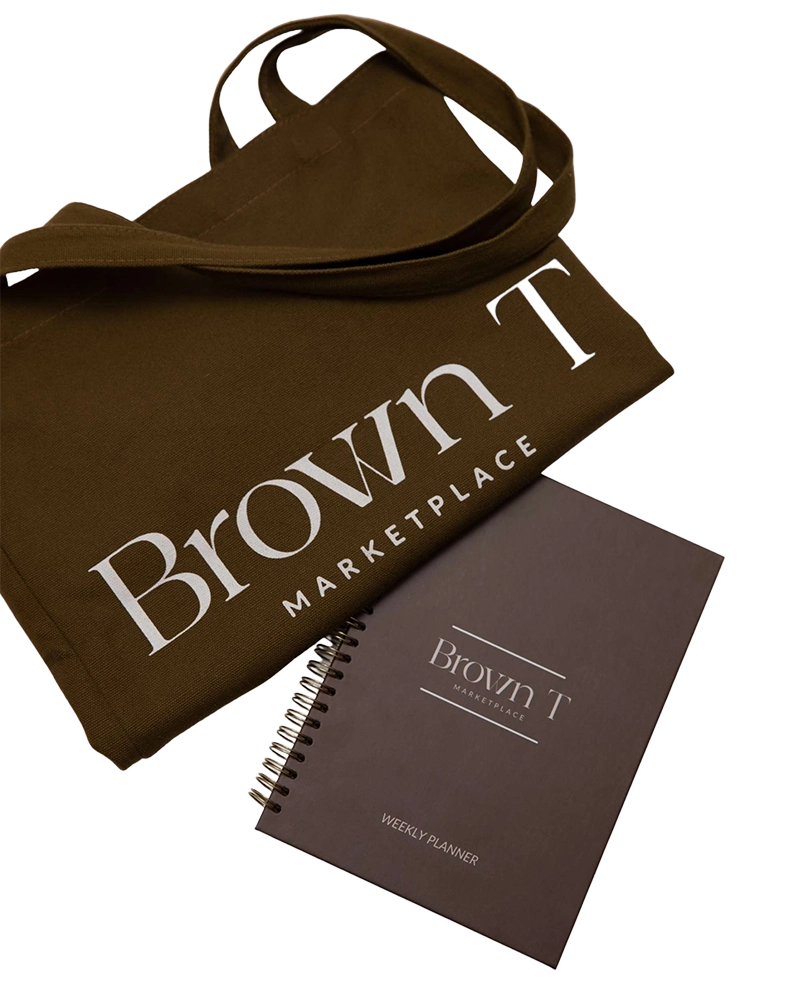 Lot Tote bag Brown T en coton recyclable + Weekly planner Brown T A5