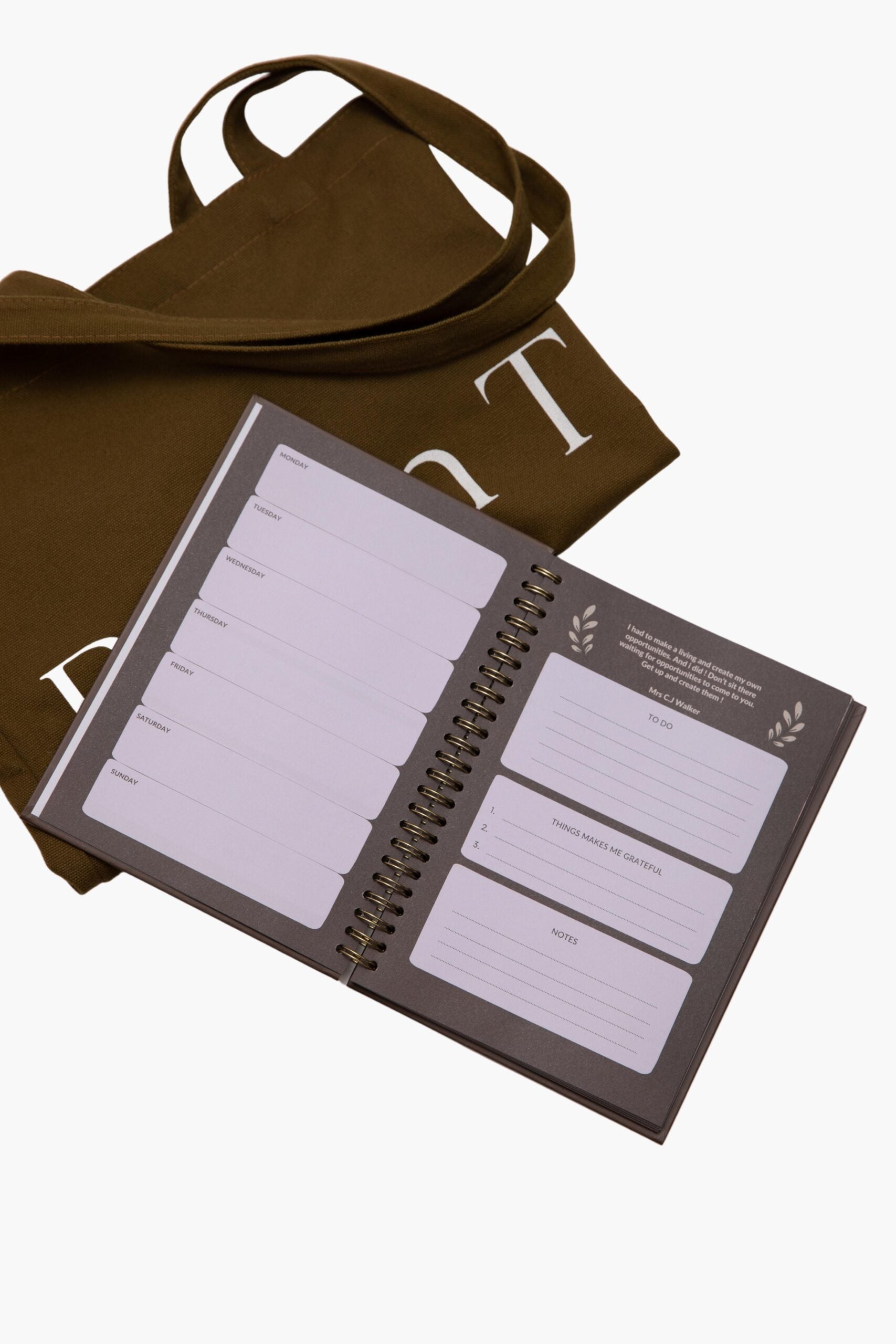 Lot Tote bag Brown T en coton recyclable + Weekly planner Brown T A5